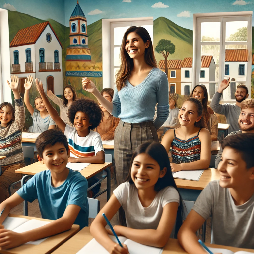 DALL·E 2024-07-05 14.58.26 - A joyful classroom scene with young TEFL_TESOL students being taught by a young adult teacher, set in a South American country. The students